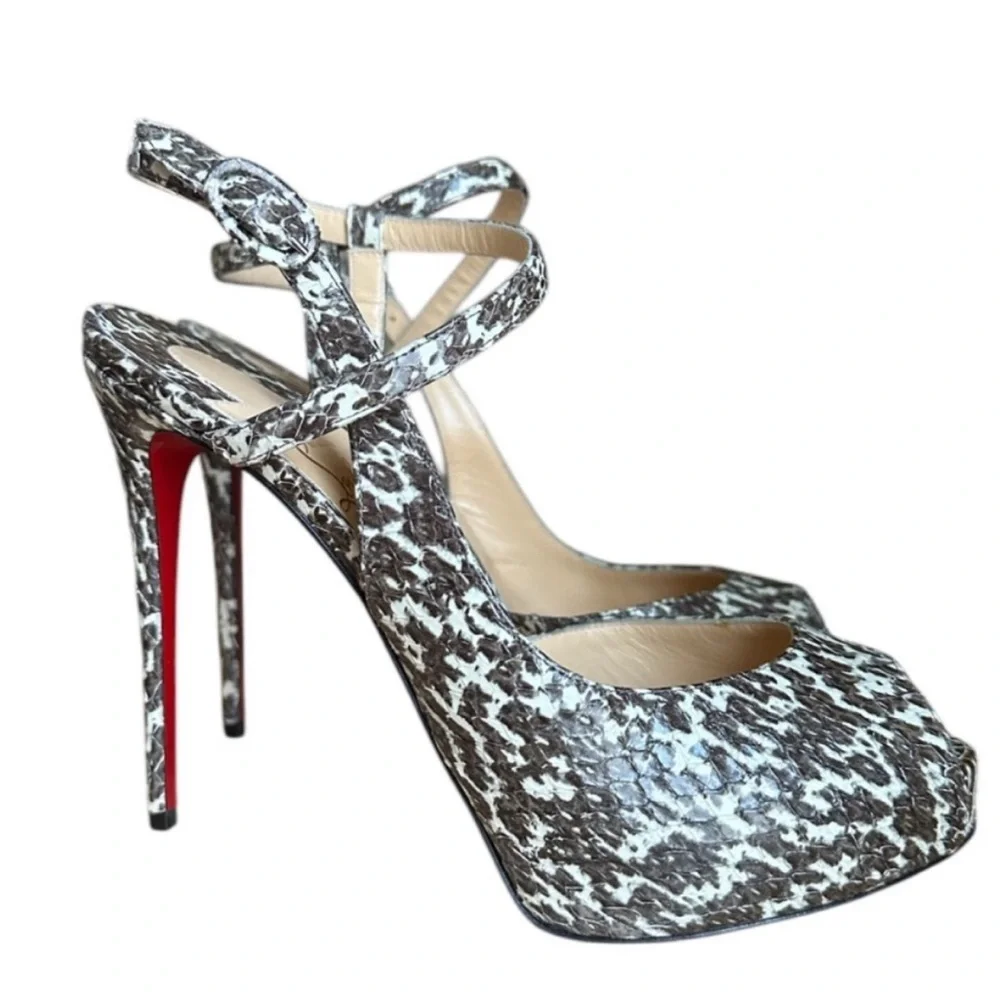 Christian Louboutin Black and White Snakeskin Peep-Toe Stiletto Sandals